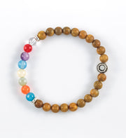 bracelet, green sandalwood, red agate, orange agate, yellow jade, amazonite, aquamarine, blue apatite, amethyst, clear quartz